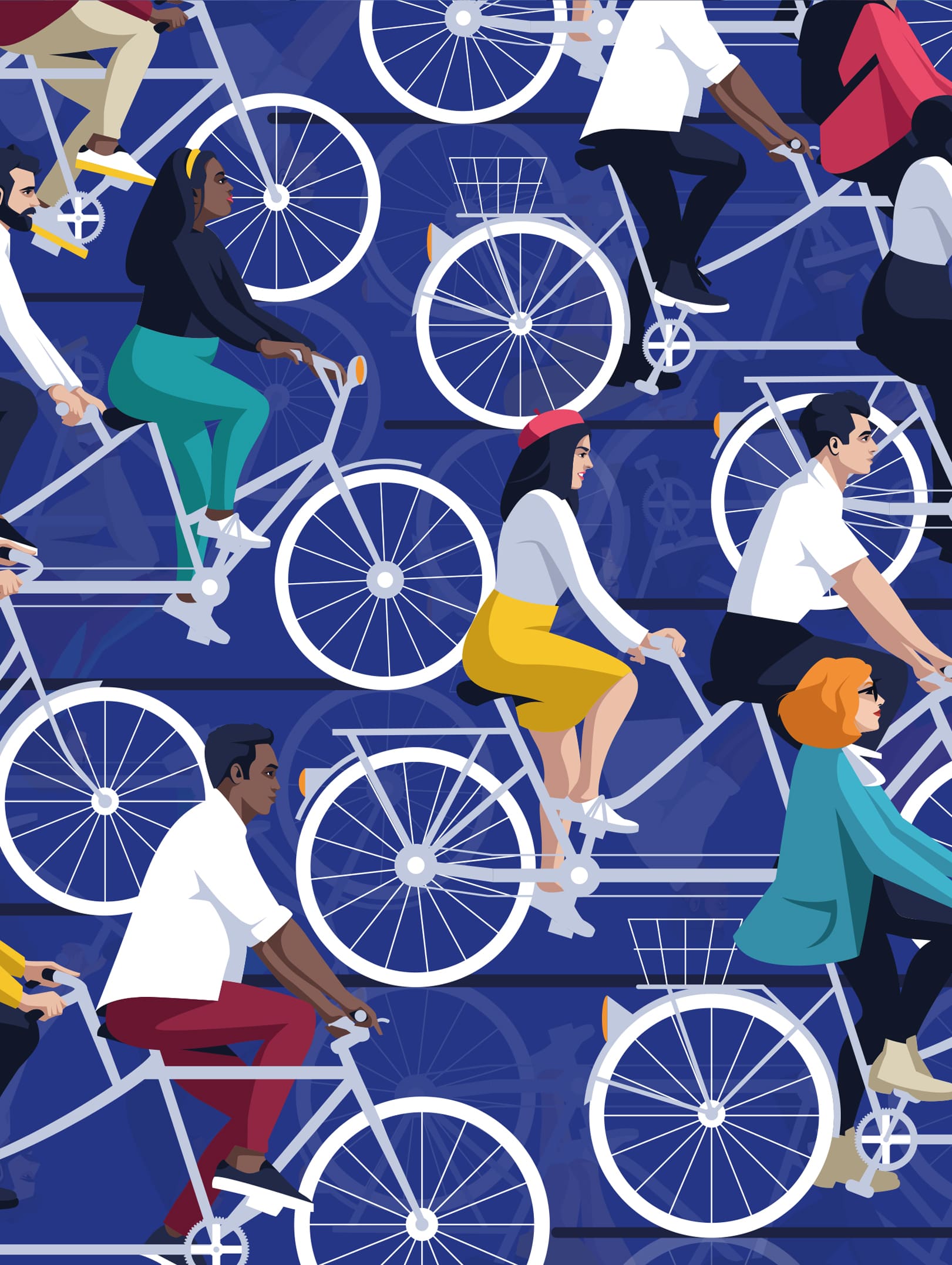 Illustration for the Representation of the European Commission in Spain - cyclists on blue background.